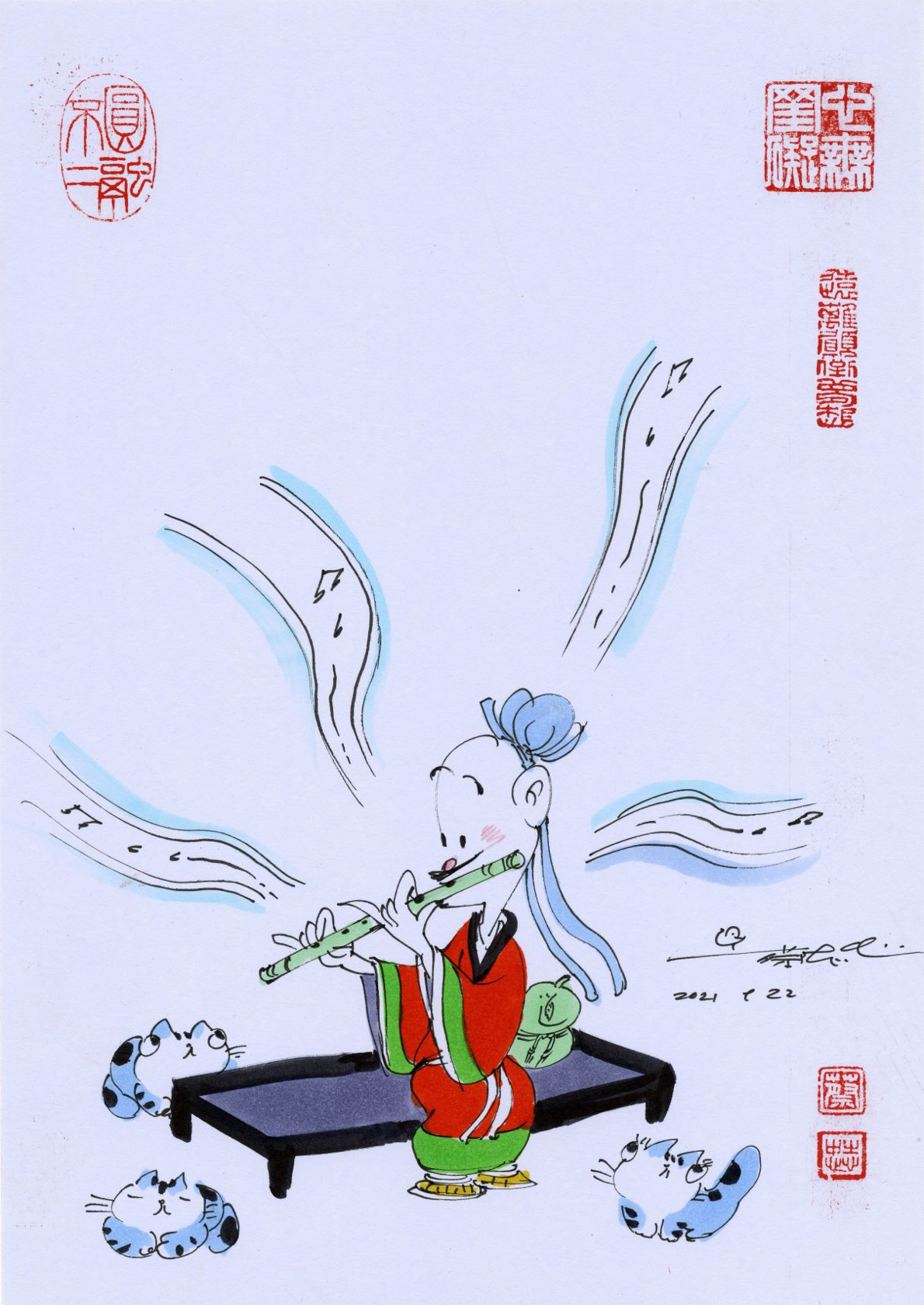 Zhuangzi Playing a Flute, Tsai Chih Chung 《庄子吹笛图》蔡志忠