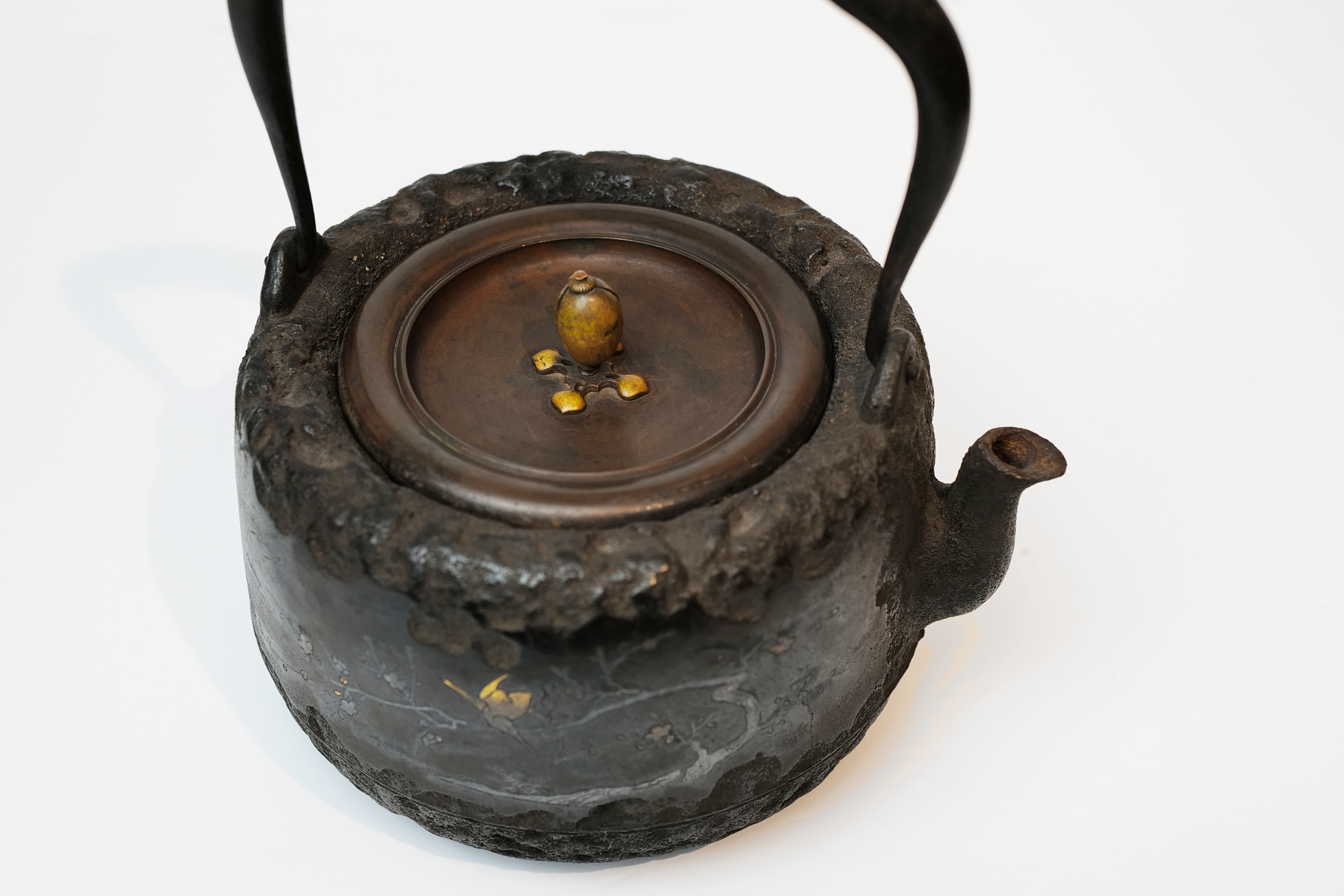 Ryubundo Gold and Silver Inlaid Iron Teapot with Pattern of Bird and Flower 【龙文堂·挫金银花鸟】
